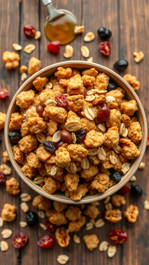 A bowl of oat crunch munchies with nuts, seeds, and dried fruits on a wooden table.
